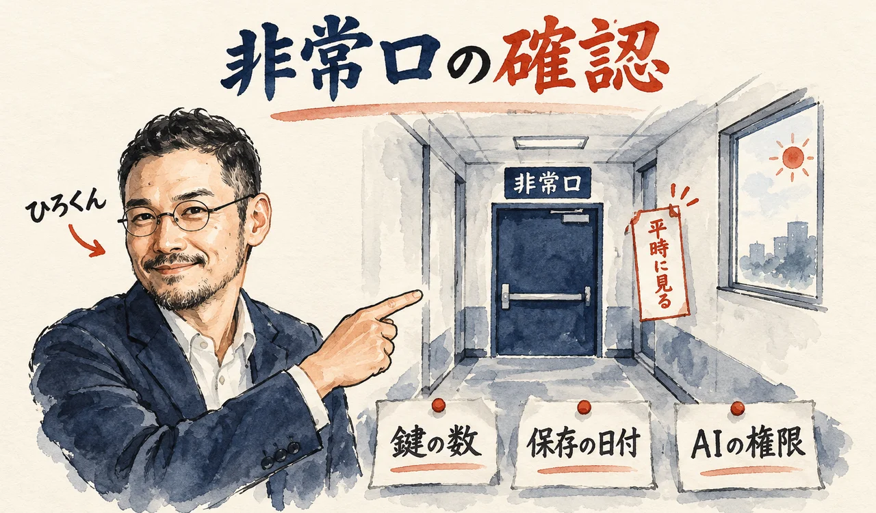 ひろくんが、非常口の廊下を指す図解。手前に鍵の数・保存の日付・AIの権限の3枚の札があり、扉の脇に「平時に見る」の札がある