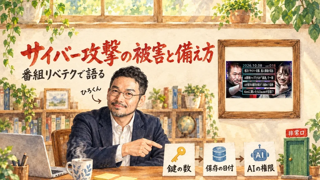 ひろくんが机の前で、鍵の数・保存の日付・AIの権限の3枚の札を指すアイキャッチ。右上の額縁に元動画のサムネイル。題字は「サイバー攻撃の被害と備え方」