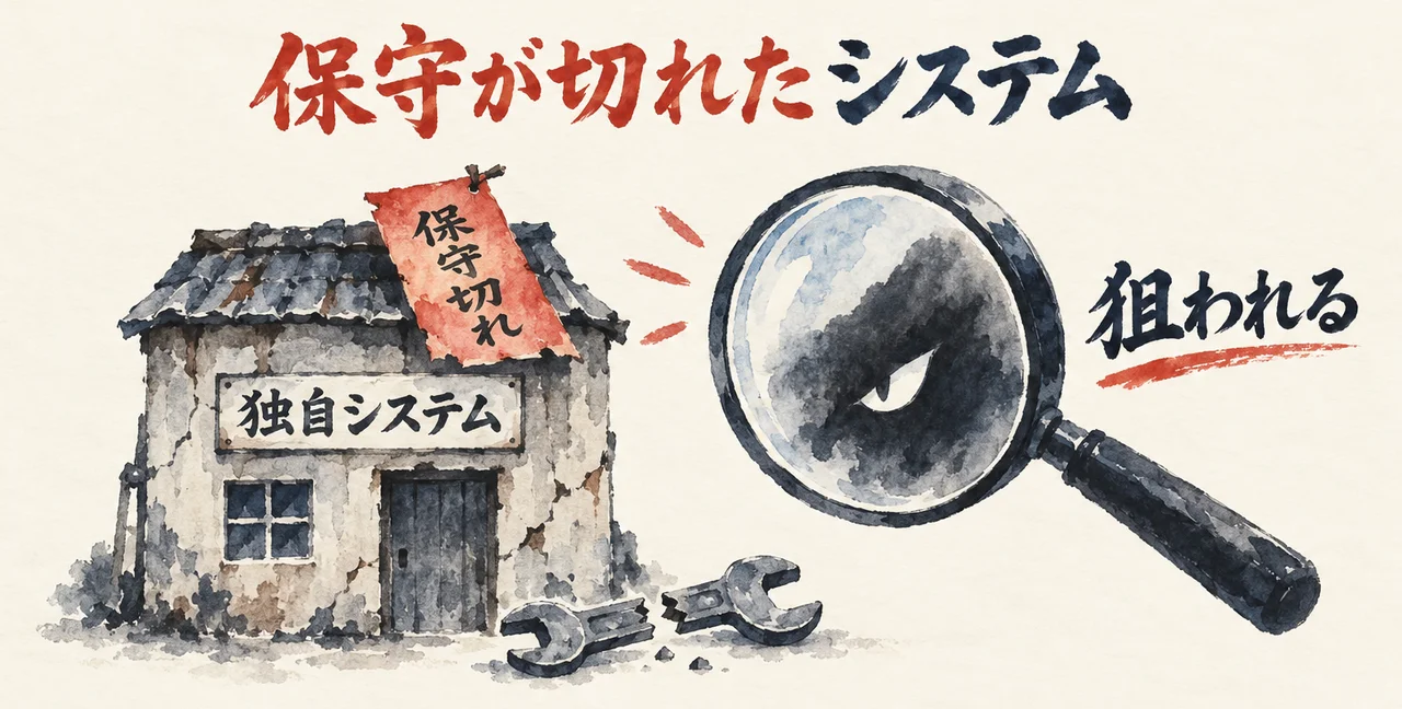「独自システム」の古い建物に「保守切れ」の札が付き、虫眼鏡が「狙われる」と建物を見る図解