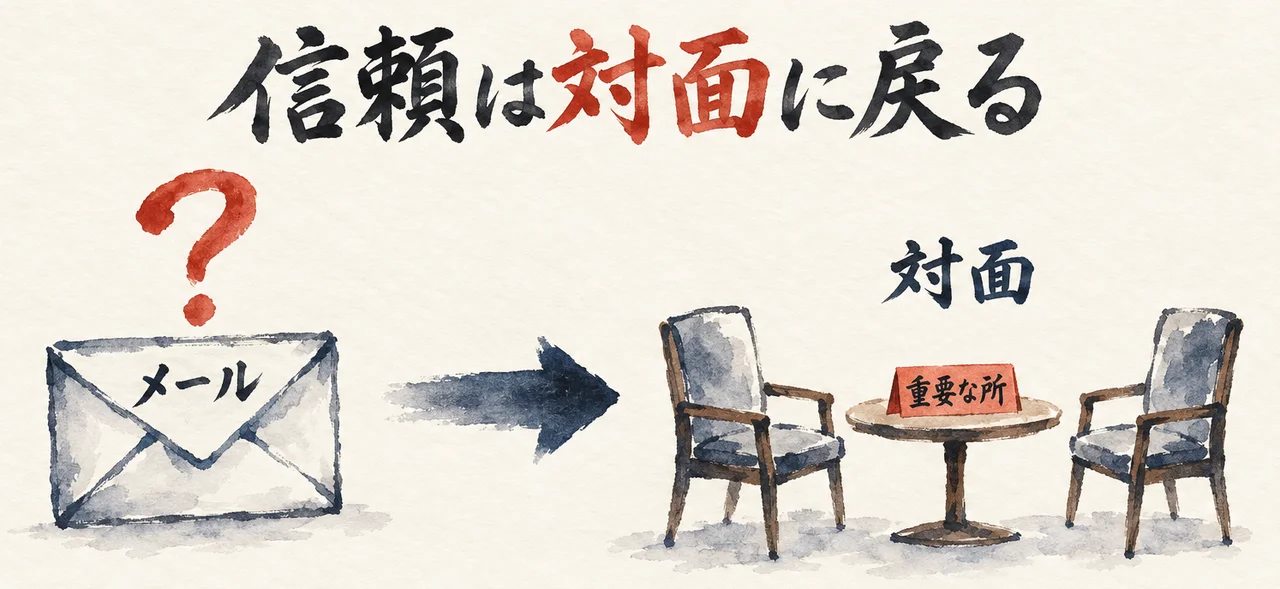 封筒「メール」と疑問符から、「対面」の2脚の椅子と机、札「重要な所」へ矢印が向かう図解