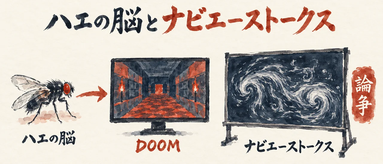 「ハエの脳」から「DOOM」のゲーム画面へ、右にナビエ–ストークスの黒板と札「論争」が並ぶ図解