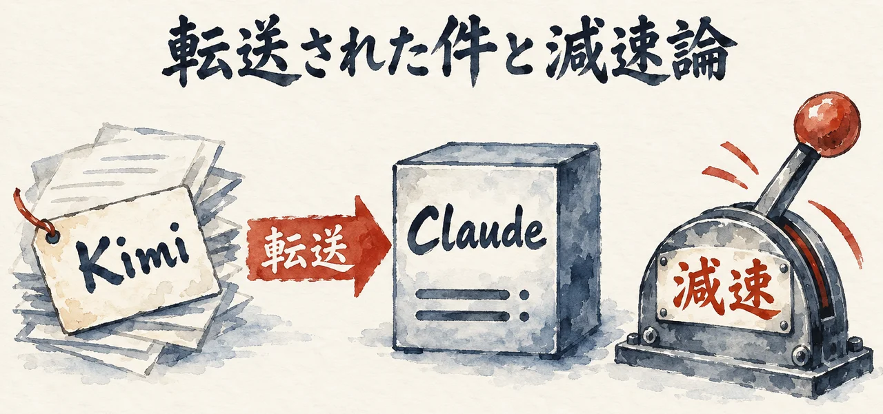 札「Kimi」から矢印「転送」で箱「Claude」へ進み、右に「減速」のレバーがある図解