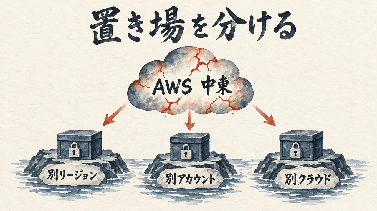 ひびの入った雲「AWS 中東」から、別リージョン・別アカウント・別クラウドの3つの島の鍵つきの箱へ矢印が分かれる図解