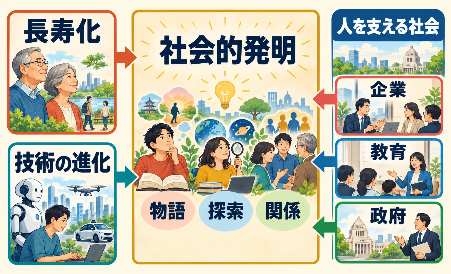 長寿化と技術の進化を、物語・探索・関係と企業・教育・政府の対応につなげた本書の全体図