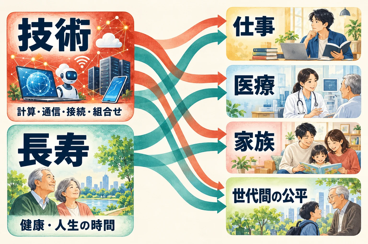 技術と長寿の変化が仕事・医療・家族・世代間の公平に関わることを示す図