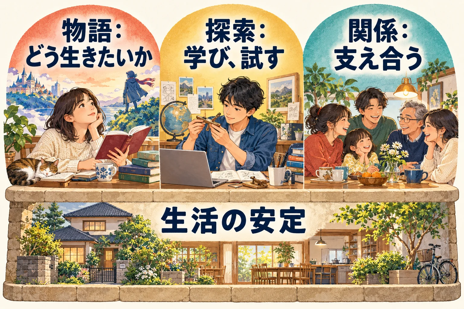 生活水準を支える土台の上に、物語・探索・関係を並べた図