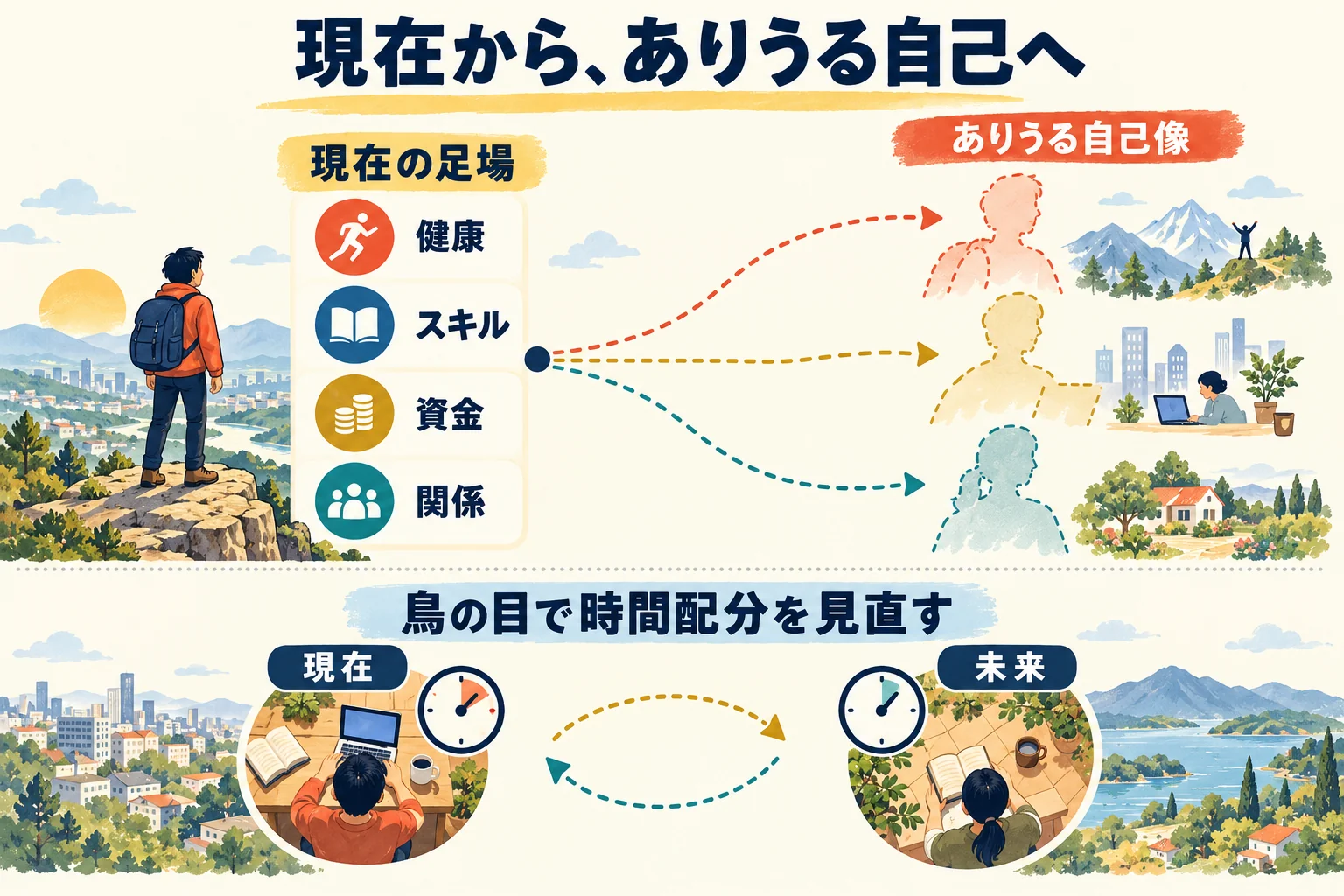 現在の足場から複数のありうる自己像へ進む道と、時間配分の見直しを示す図