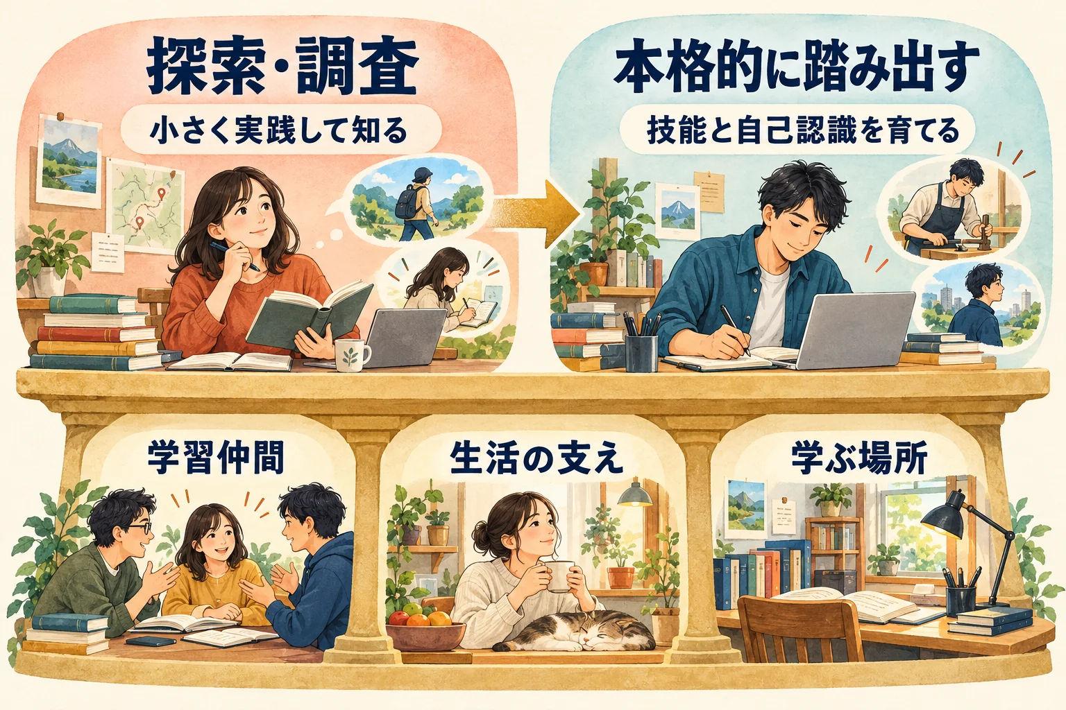 探索と本格的な移行を分け、学習と人間関係が足場を支える図