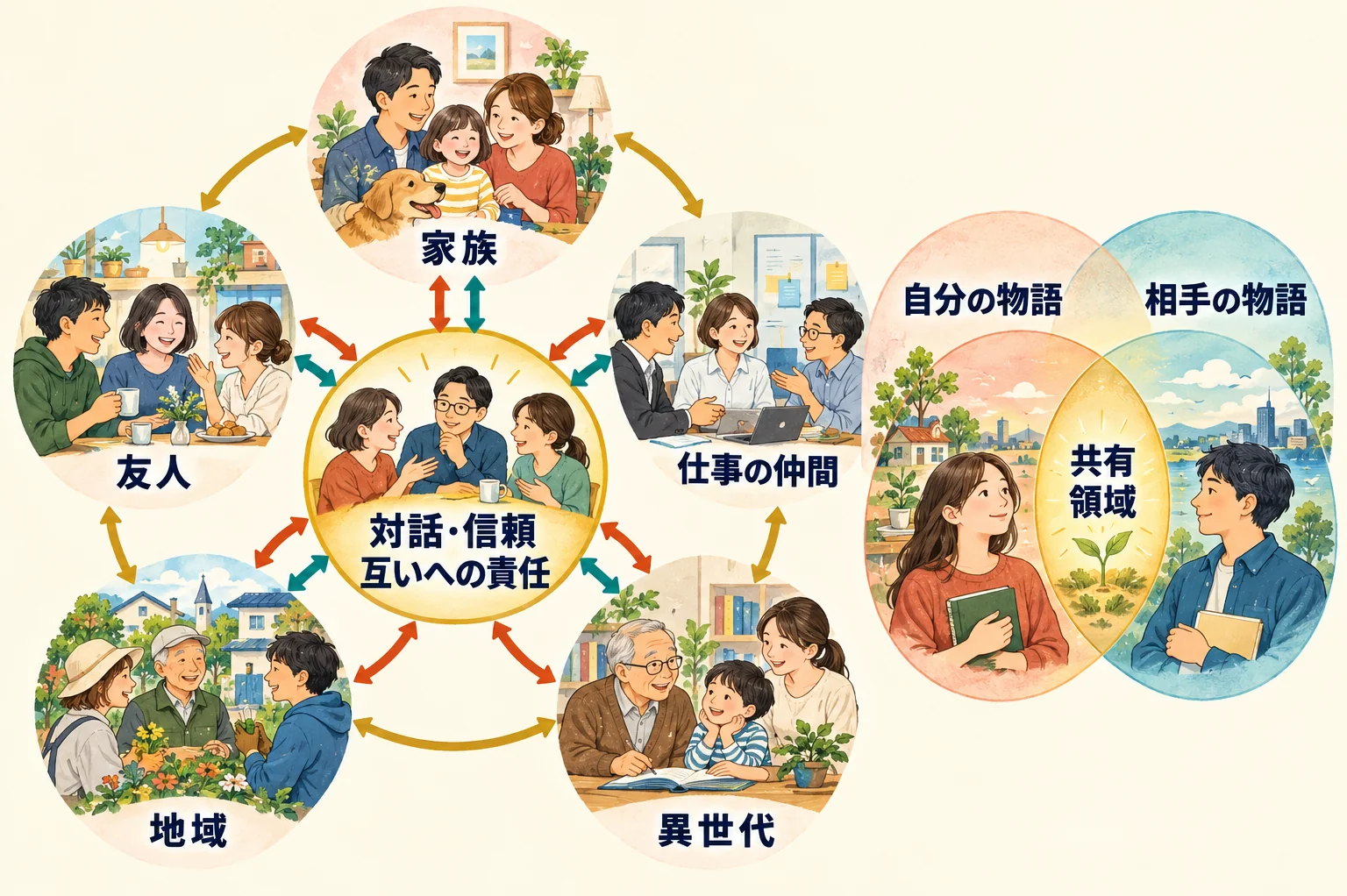 家族と友人から地域・異世代へ広がる関係と、支え合う対話を示す図