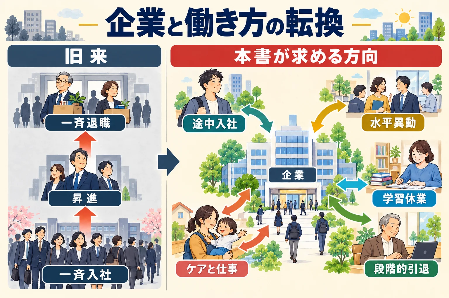 一斉の入社・昇進・退職から、複数の入口と柔軟な働き方へ変わる企業の図