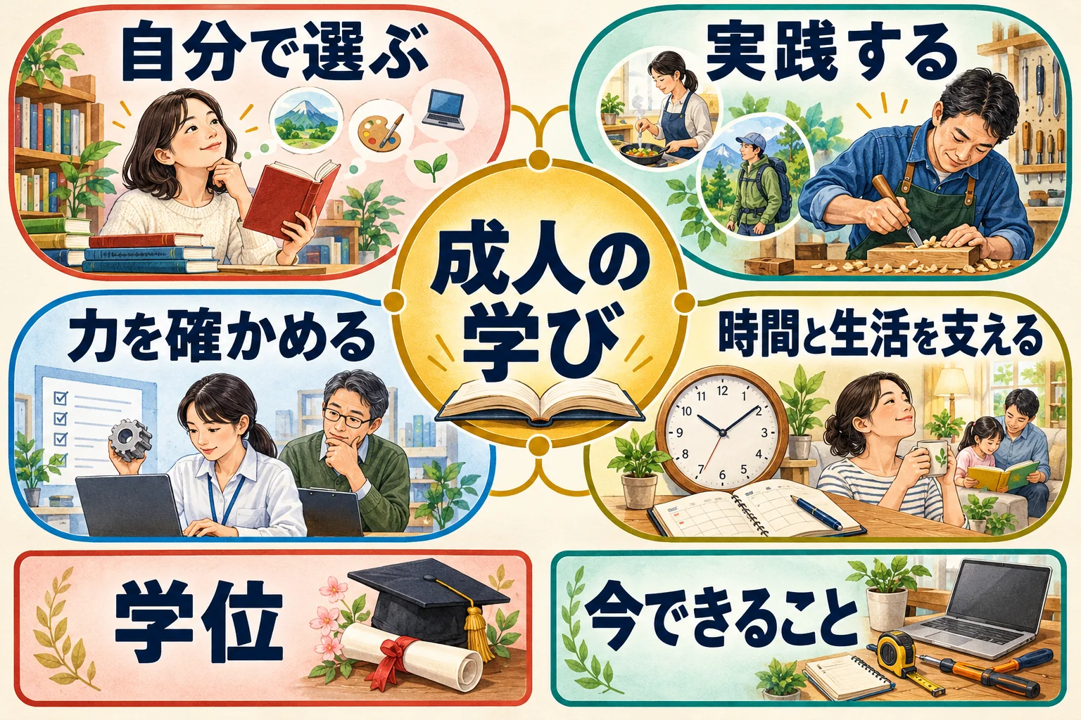 学びの提供・実践・スキル証明・生活条件を組み合わせる成人教育の図