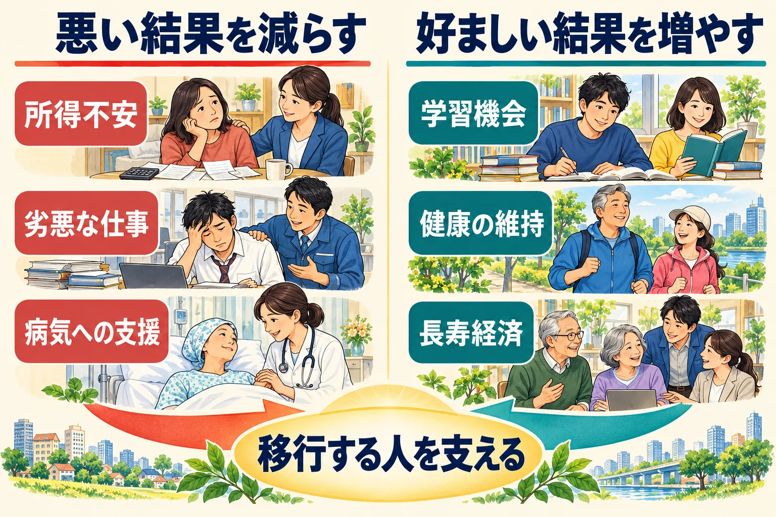 失業や健康などの悪い結果を防ぐ支援と、学習や長寿経済を促す支援を比較した図