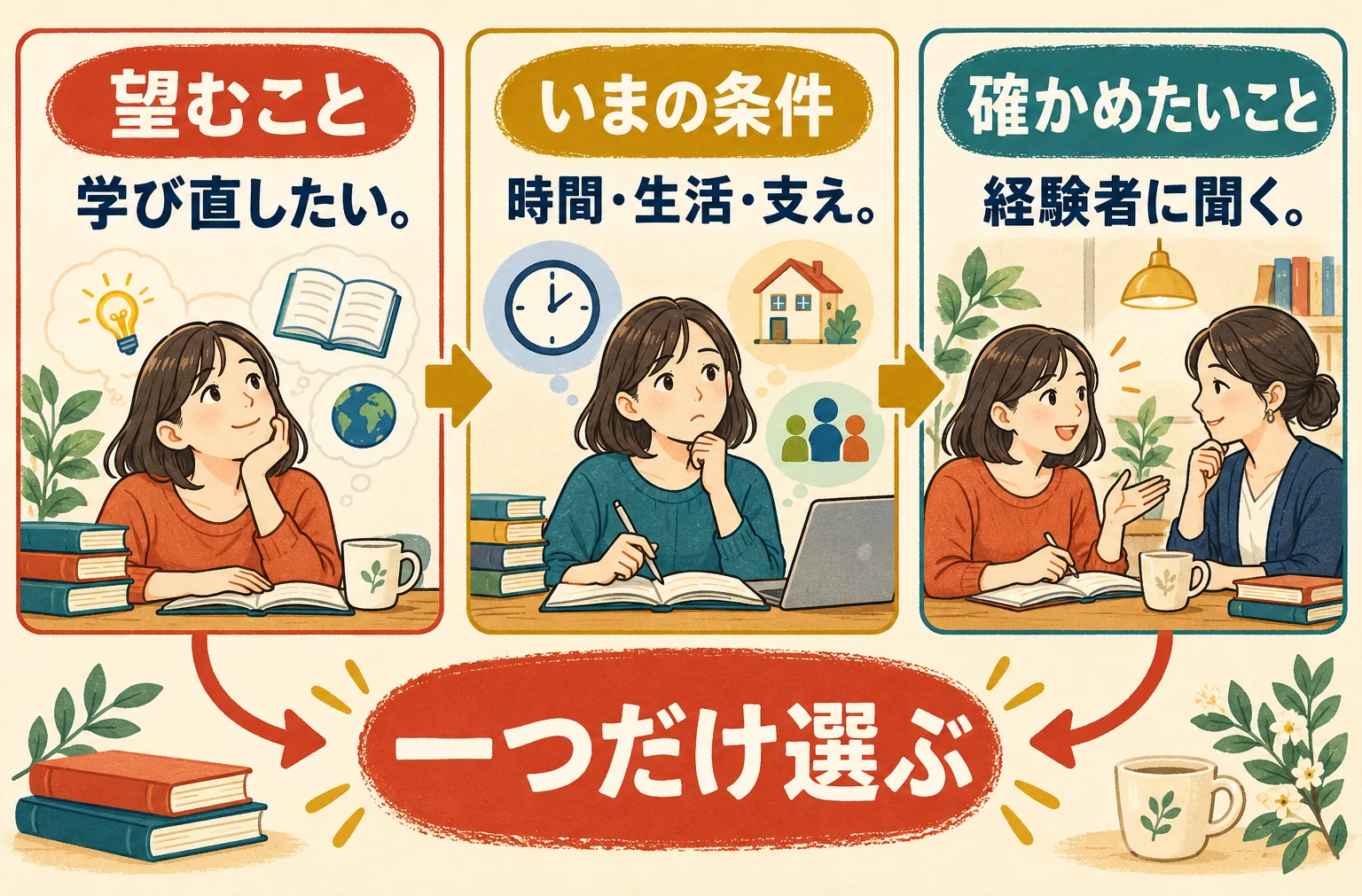 望むこと・現状の条件・次に確かめることを一つの選択肢について書く実践の図