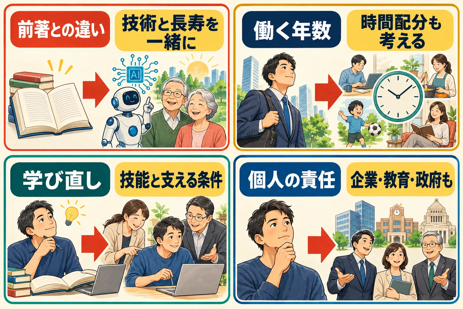 前著との関係、長く働くこと、学び直し、個人と社会という四つの質問を整理した図