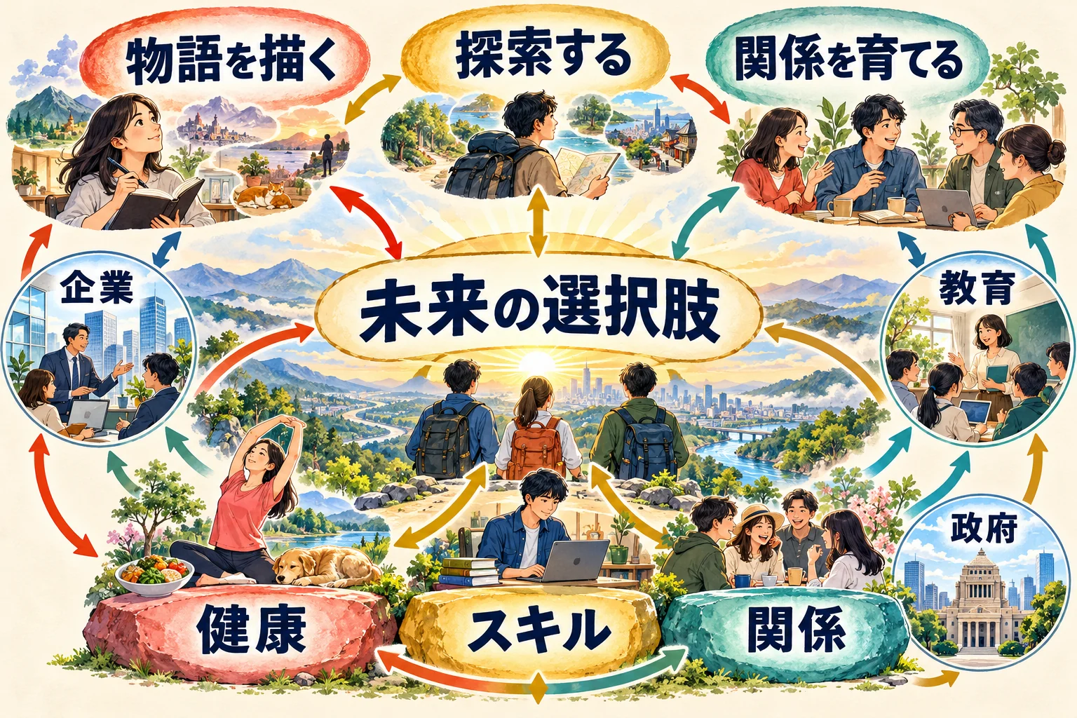 未来の選択肢を健康・スキル・関係と社会の支援で支える、まとめの図