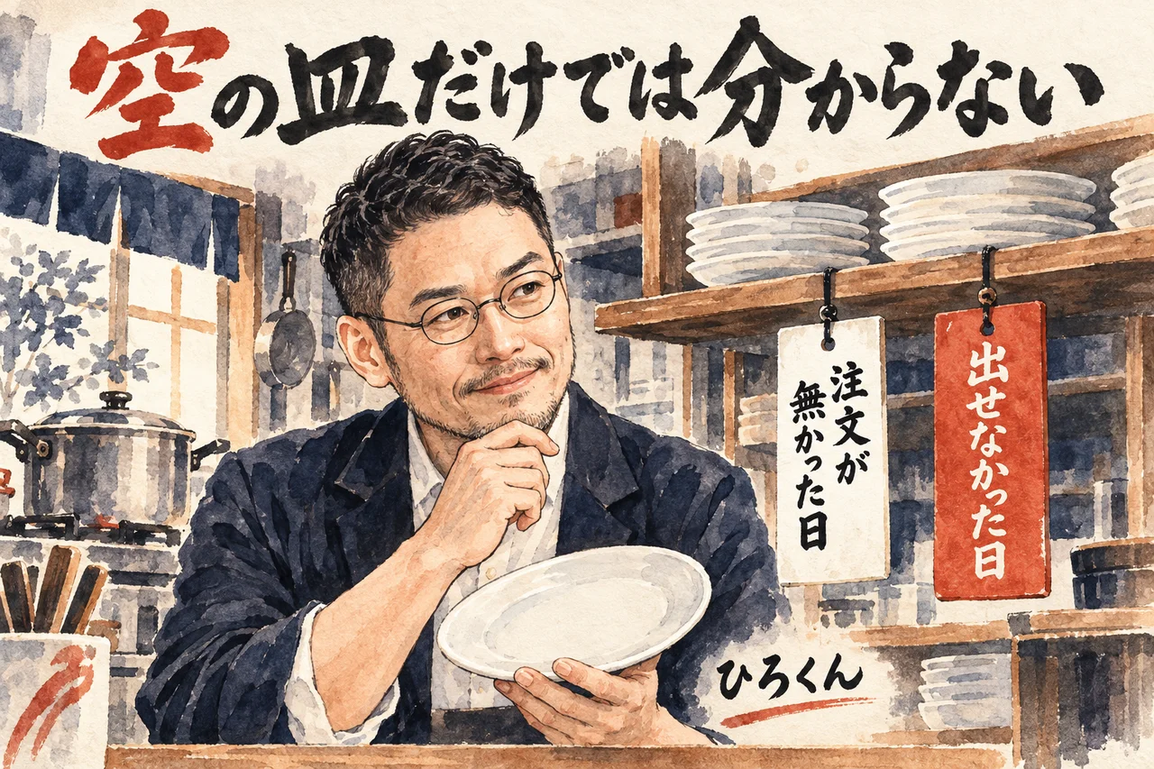 空の皿を手にして考える料理人のひろくんと、注文が無かった日と出せなかった日の2枚の札を並べたコラム図解