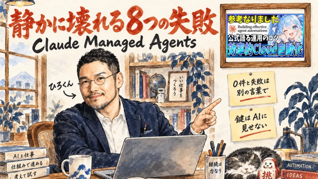 静かに壊れる8つの失敗とClaude Managed Agentsを紹介するひろくんと、壁に動画のサムネイルを飾った額縁