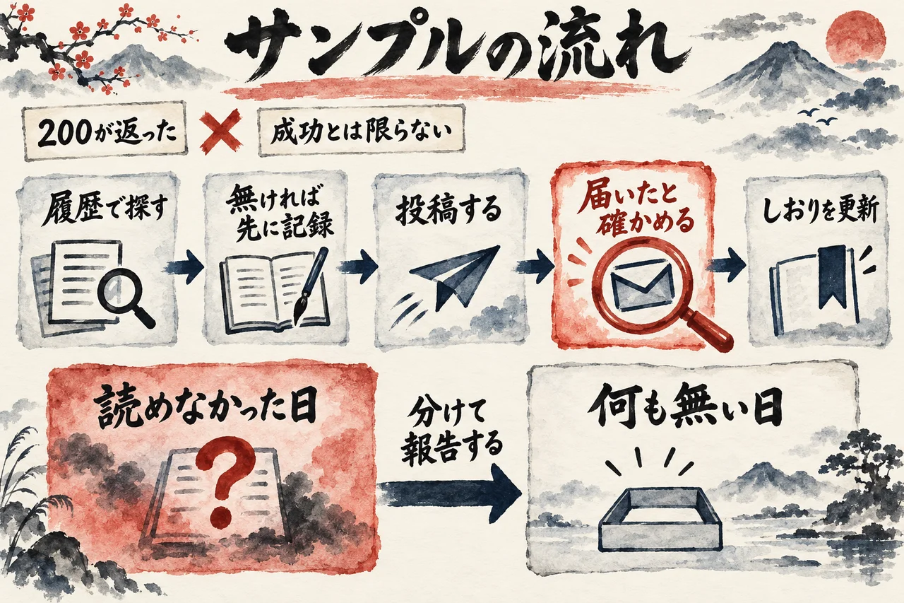 200が返っても成功とは限らないことを、履歴で探す・先に記録・投稿・届いたと確かめる・しおりを更新の5コマで示し、読めなかった日と何も無い日を分けて報告することを並べた図解