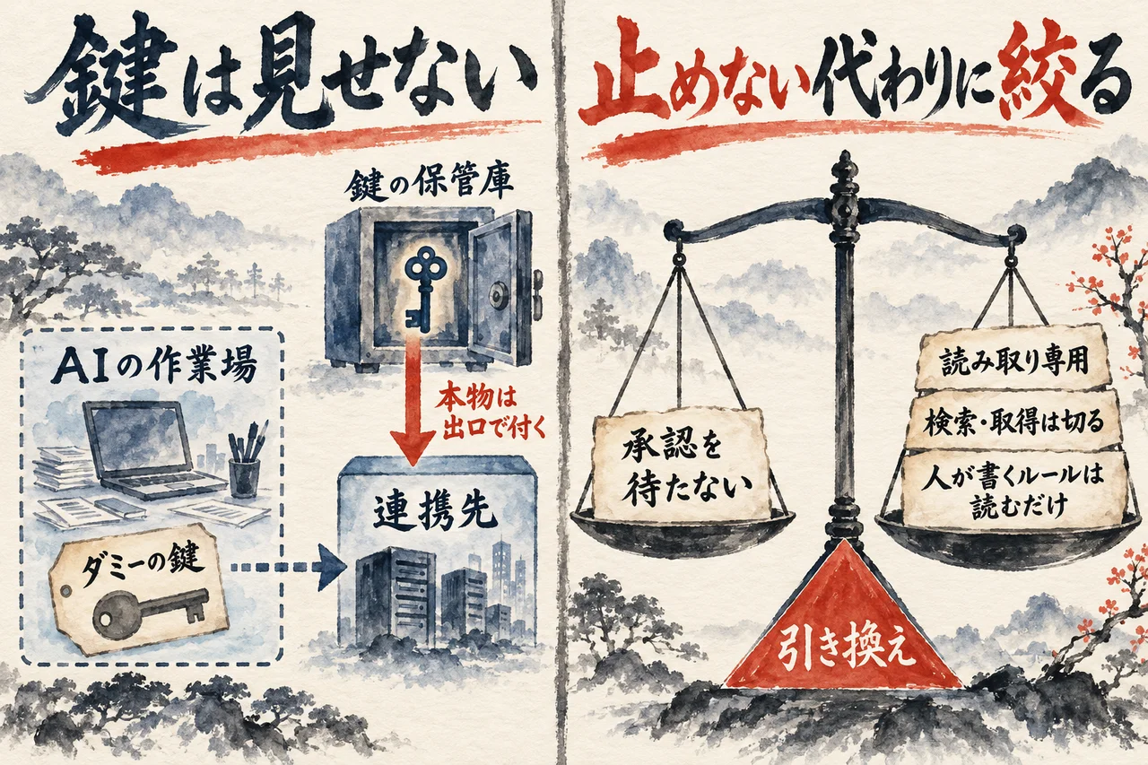 鍵の保管庫の本物の鍵は出口で付きAIの作業場にはダミーの鍵だけがあること、承認を待たない代わりに読み取り専用などへ権限を絞ることを天秤で示した図解