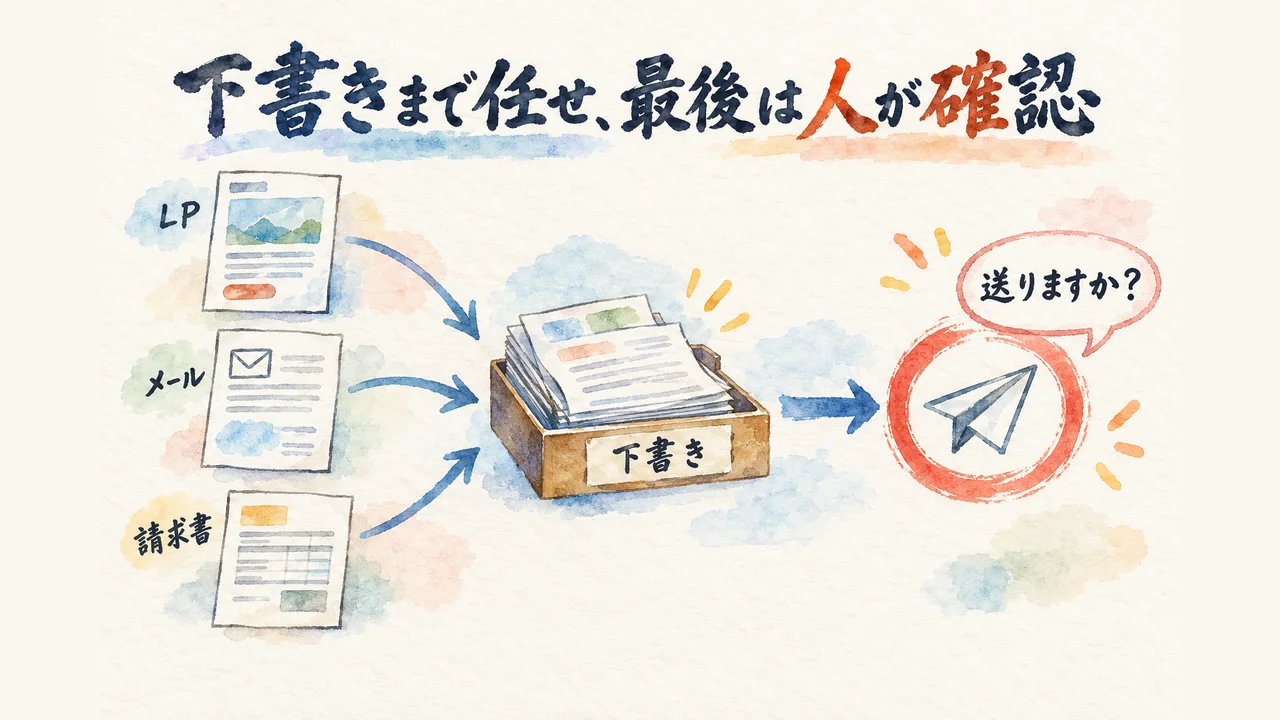 LP・Gmail・請求書は下書きまで 最後の送信は人が確認 図解