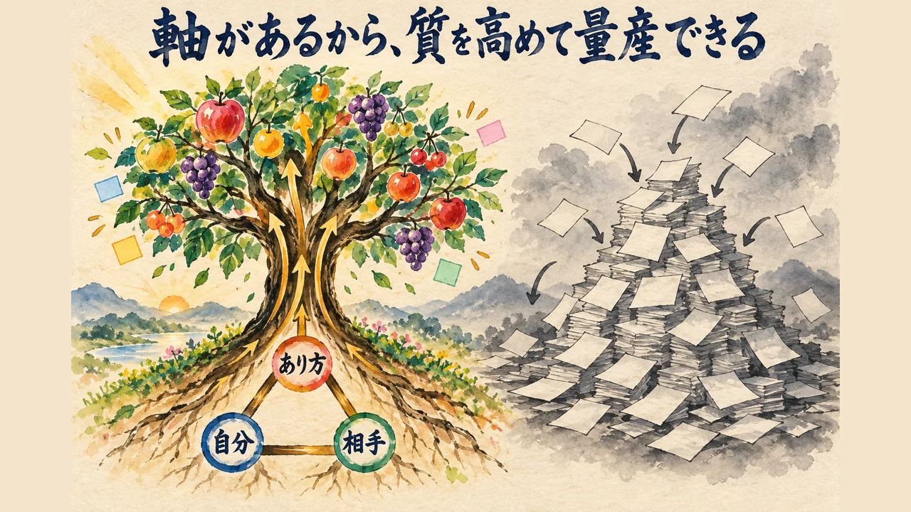 軸があるから質を高めて量産できる 軸がないと紙の山になる 図解
