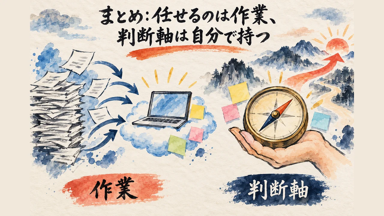 任せるのは作業 判断軸は自分で持つ まとめ図解