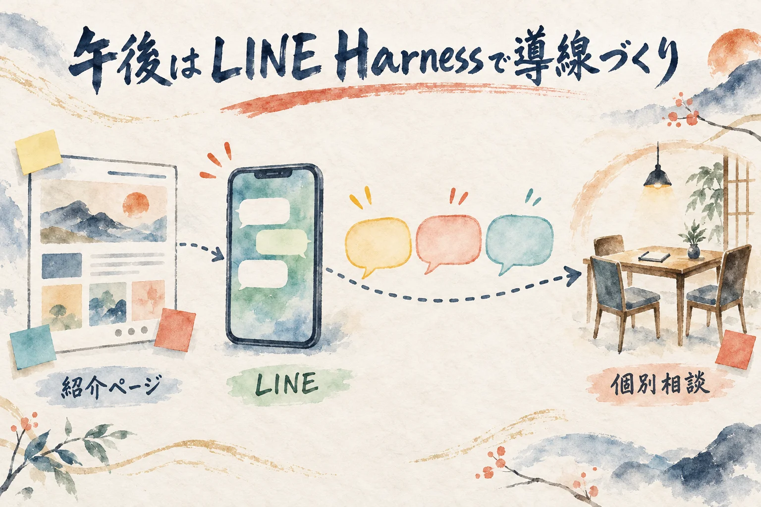 午後はLINE Harness 紹介ページからLINEで自動接客して個別相談へ 図解