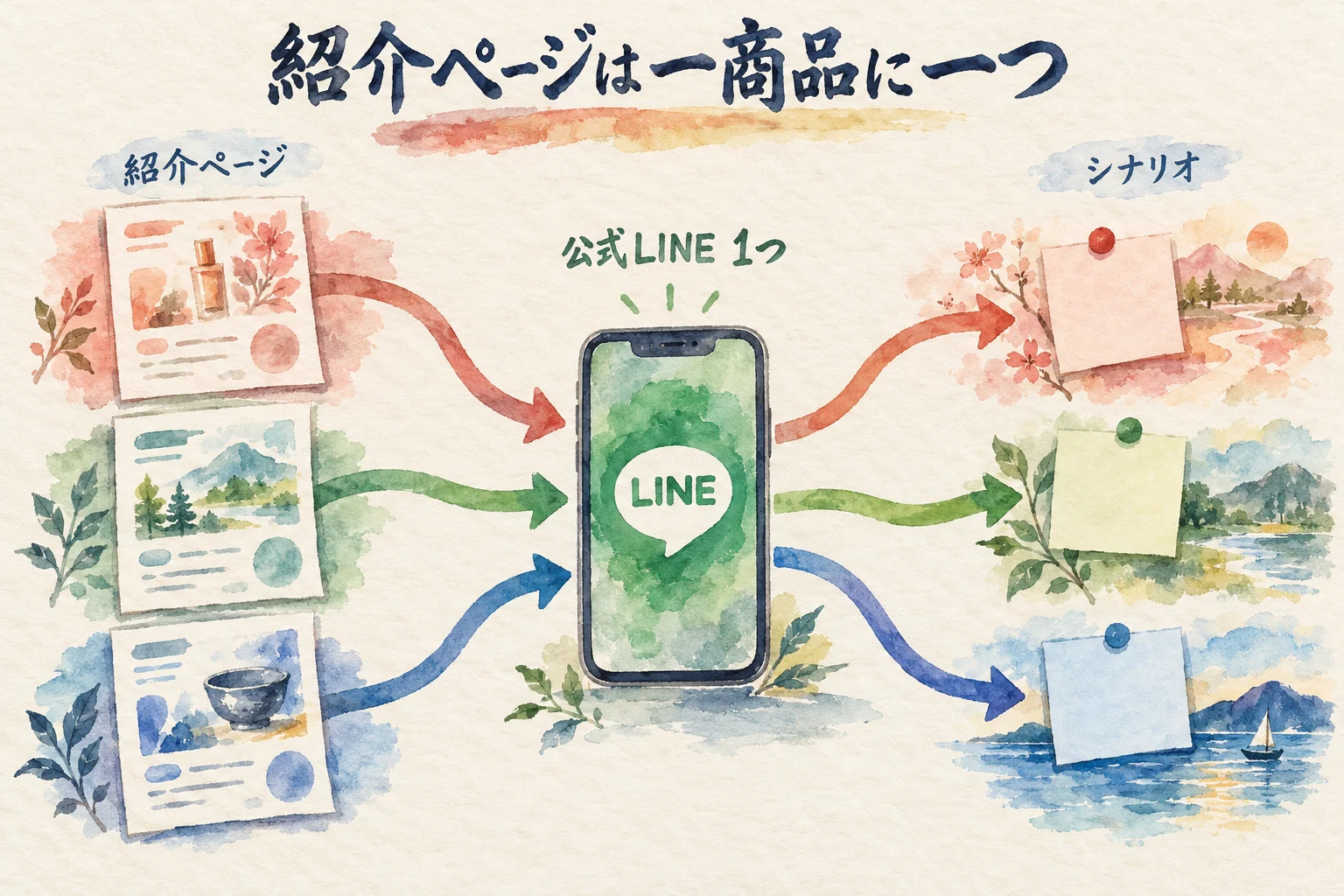 紹介ページは一商品に一つ 公式LINEは1つでシナリオを分ける 図解