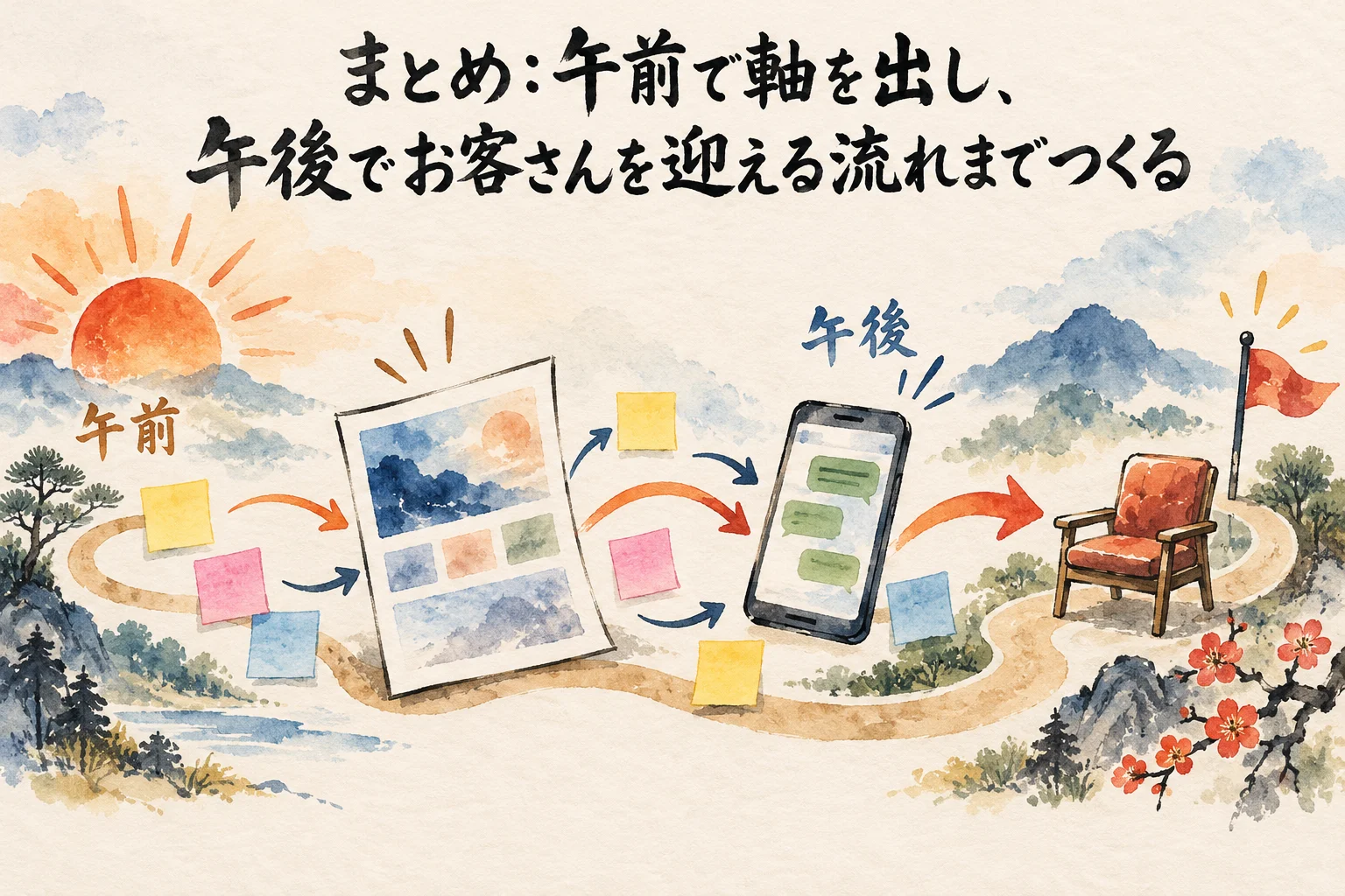 午前で軸を出し 午後でお客さんを迎える流れまでつくる まとめ図解
