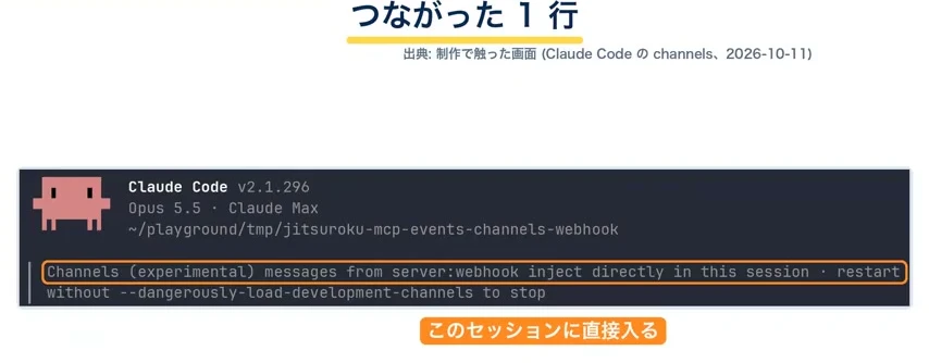 動画キャプチャ: Claude Codeの画面。「Channels (experimental)」の行に「このセッションに直接入る」の印が付いている（14:24頃）