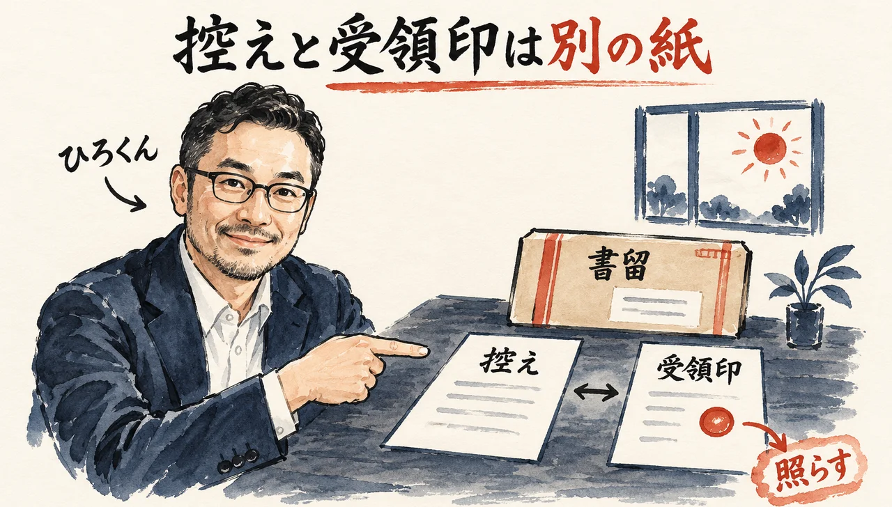 ひろくんが笑顔で、机の上の「控え」と「受領印」の2枚の紙を指さす図解。後ろに「書留」の封筒、2枚の紙の間に矢印、右下に朱色の「照らす」の札がある