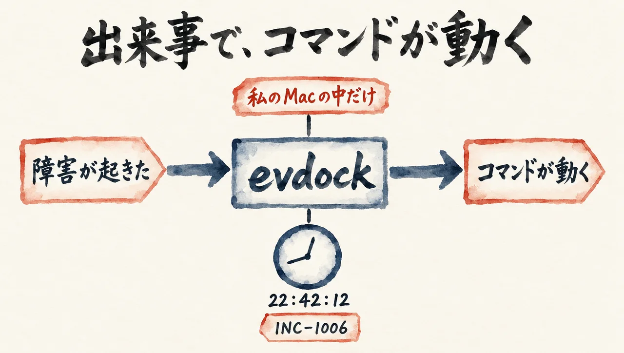 左の「障害が起きた」の封筒から矢印が「evdock」の箱を通り、右の「コマンドが動く」へ届く図解。箱の下に22:42:12の時計と「INC-1006」、上に「私のMacの中だけ」の札がある