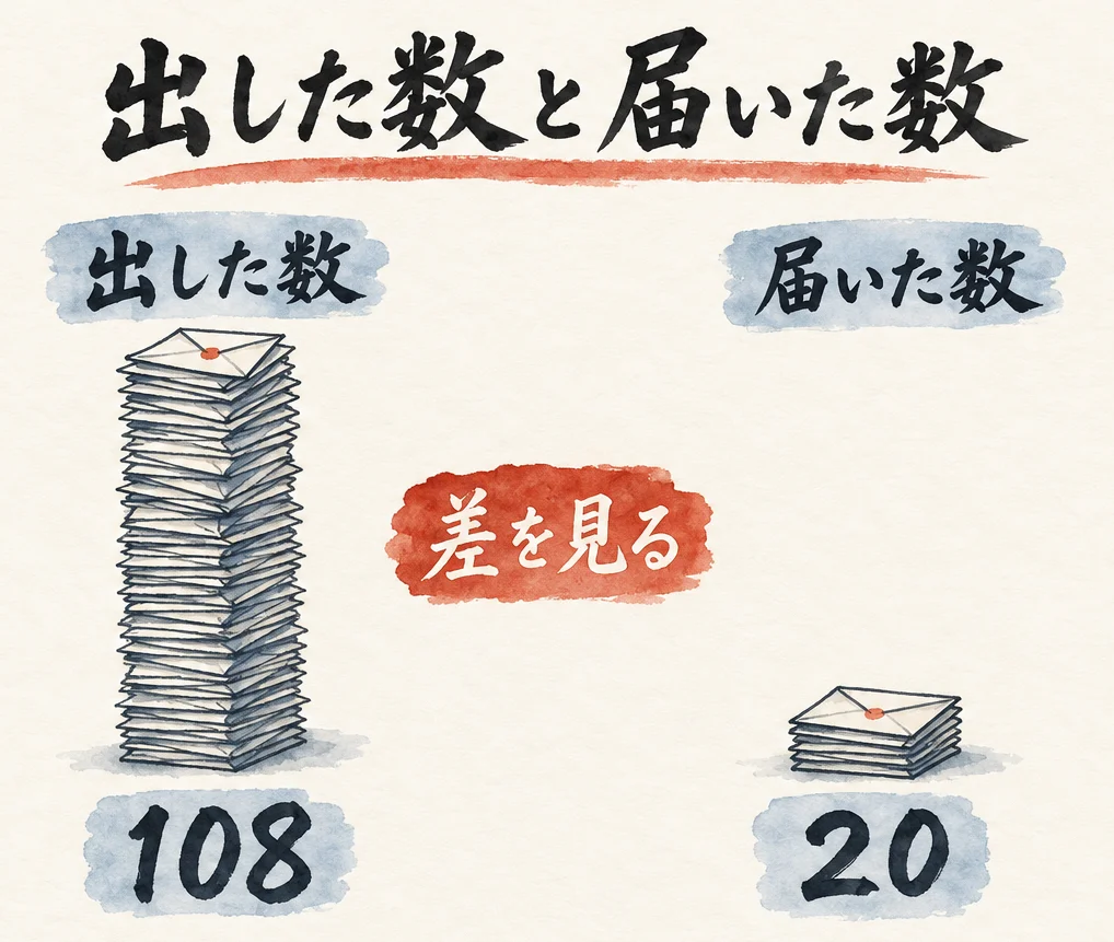 「出した数」の欄に封筒が高く積まれて「108」、「届いた数」の欄に封筒が少し積まれて「20」と書かれ、間に「差を見る」の札がある図解