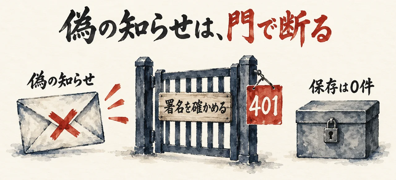 「偽の知らせ」の封筒に赤いバツ。真ん中の「署名を確かめる」の門の手前で止まり、門の札に「401」。右の鍵つきの箱に「保存は0件」と書かれた図解