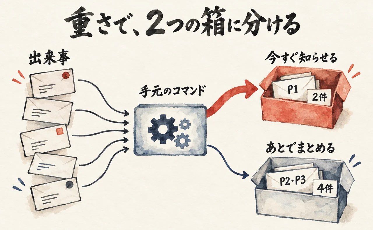 左の「出来事」の封筒5通が、真ん中の「手元のコマンド」の箱を通り、朱色の矢印で右上の「今すぐ知らせる」の箱（P1・2件）へ、細い矢印で右下の「あとでまとめる」の箱（P2・P3・4件）へ分かれる図解