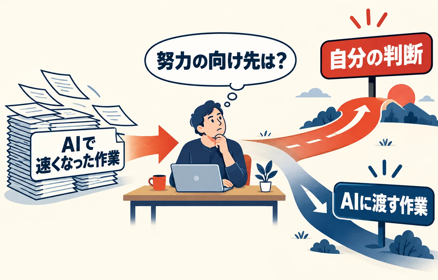 AIで作業が速くなったひとり経営者が、浮いた力を自分の判断に向けるか、AIに渡す作業に向けるかの分かれ道に立っている図