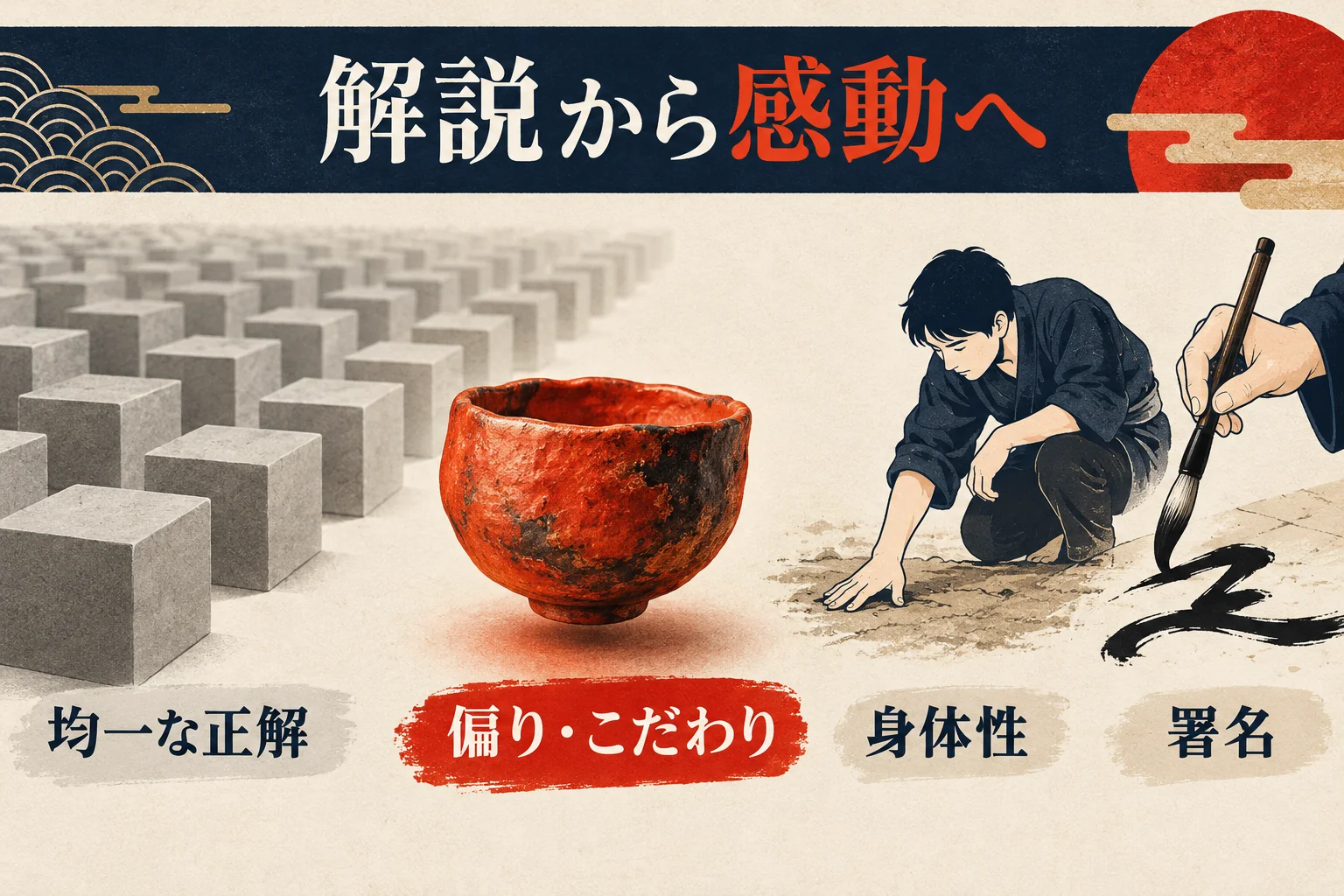 第4章。同じ形に並ぶ均一な正解のブロックの中から、偏りやこだわりを持つ工芸品が浮かび、人が現場で確かめる身体性と署名で責任を持つ様子を示した図