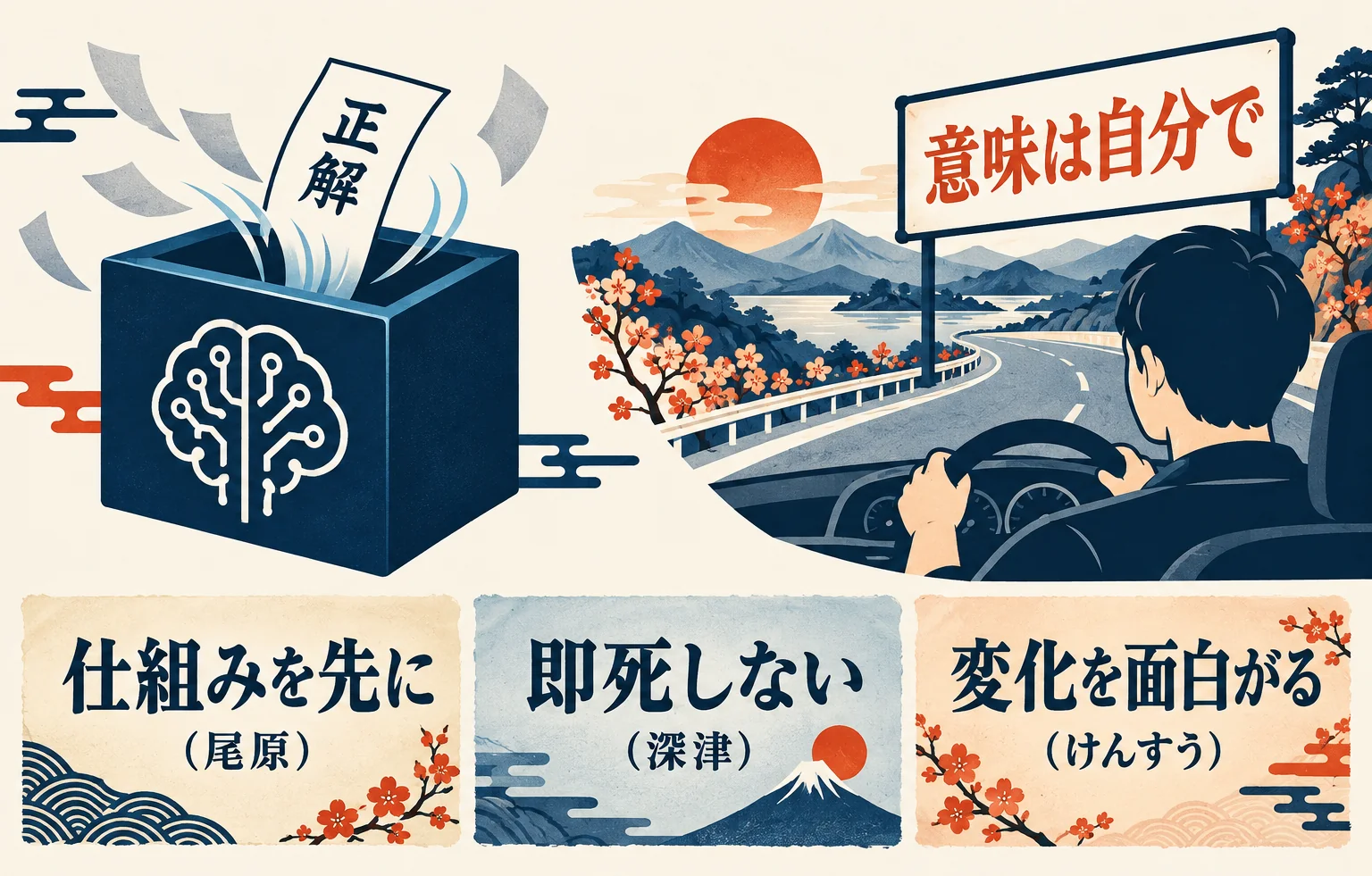 おわりにで示される、正解はAIに託し、意味は自分で選ぶという関係を、AIの箱と人がハンドルを握る道で表し、3人の言葉を短冊で添えた図