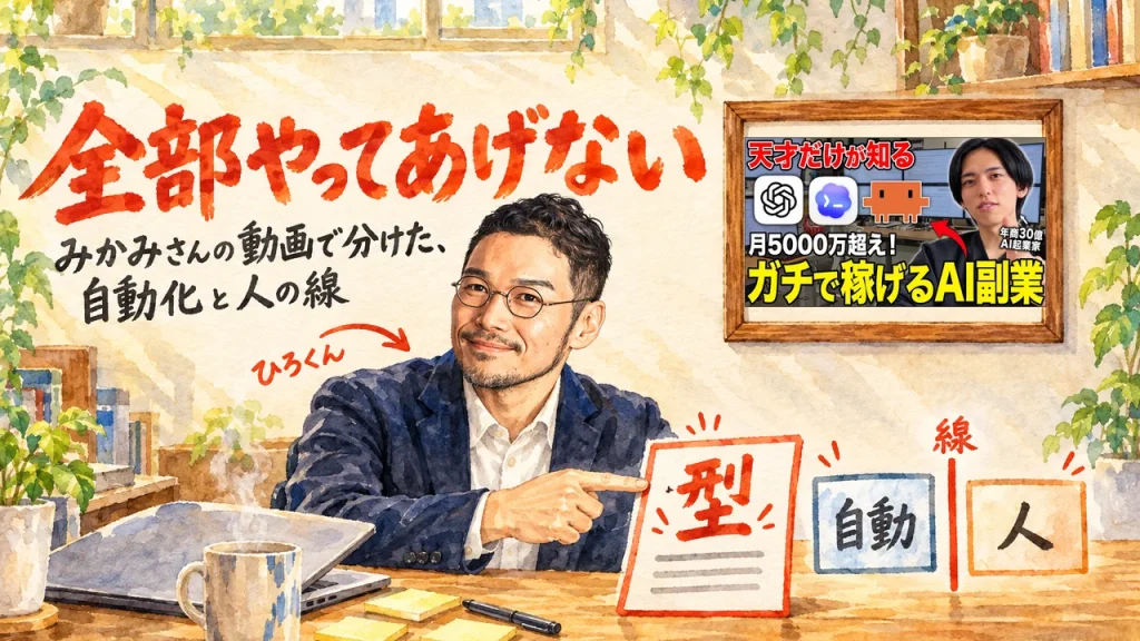 ひろくんが机から「型」「自動」「人」の札を指さし、全部やってあげない線を引くアイキャッチ。壁の額にみかみさんの動画のサムネイル