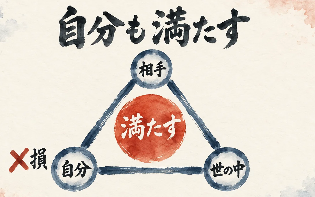 相手、自分、世の中の三角形の真ん中に満たすと書き、損をはずした三方よしの図解