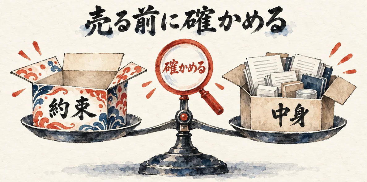 約束の箱と中身の箱を天秤にのせ、売る前に虫眼鏡で確かめる図解