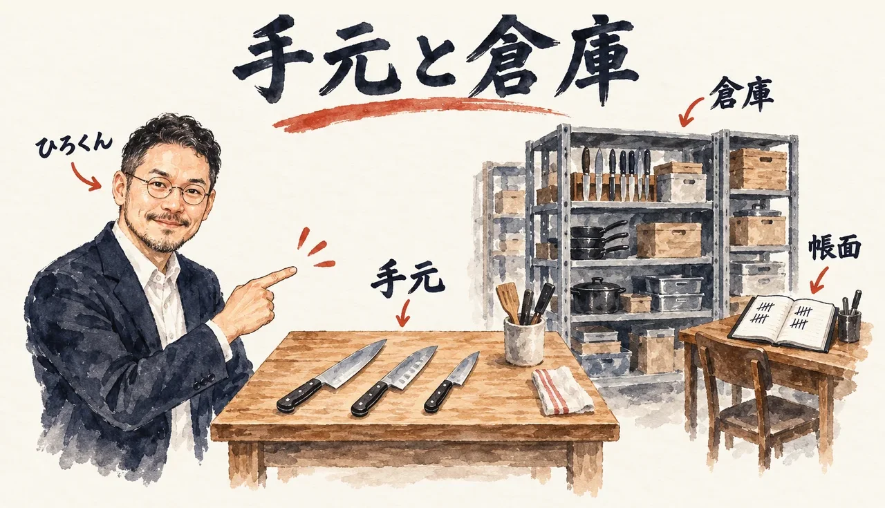 ひろくんが手元の包丁の台を指さし、奥の倉庫の棚と帳面を並べた厨房の図解
