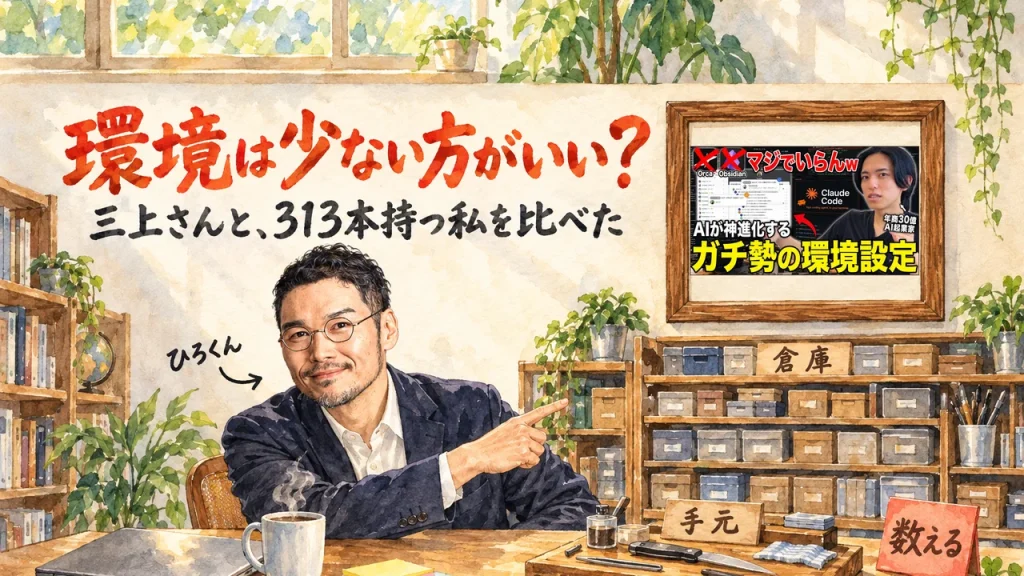 ひろくんが倉庫の棚と手元の作業台を指さすアイキャッチ。壁に動画のサムネイル