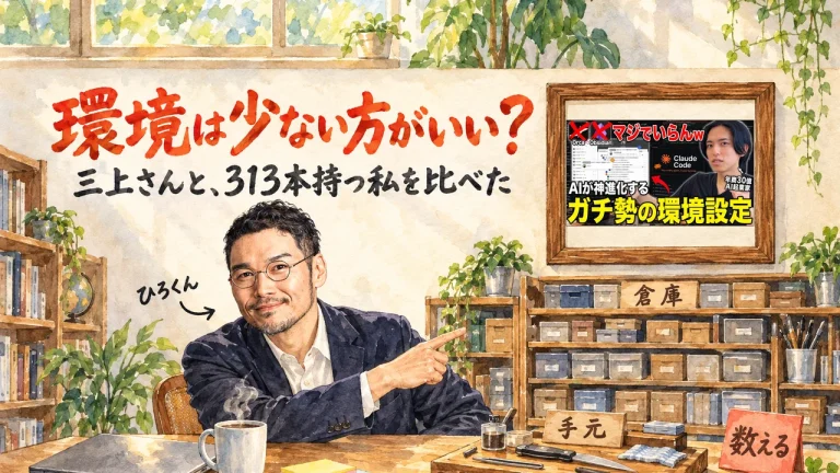 ひろくんが倉庫の棚と手元の作業台を指さすアイキャッチ。壁に動画のサムネイル