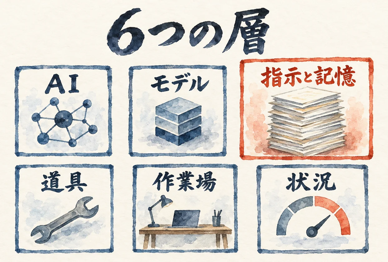 AI・モデル・指示と記憶・道具・作業場・状況の6つの箱のうち、指示と記憶だけが朱色で大きい図解