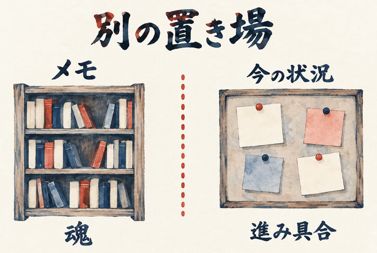 本棚のメモと、掲示板の今の状況を、朱色の点線で別の置き場に分けた図解
