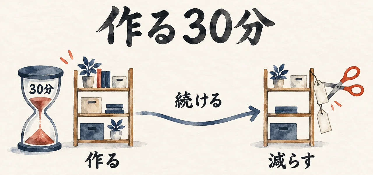 砂時計の30分で組んだ棚と、続ける道の先で札をはさみで切り離して減らす図解