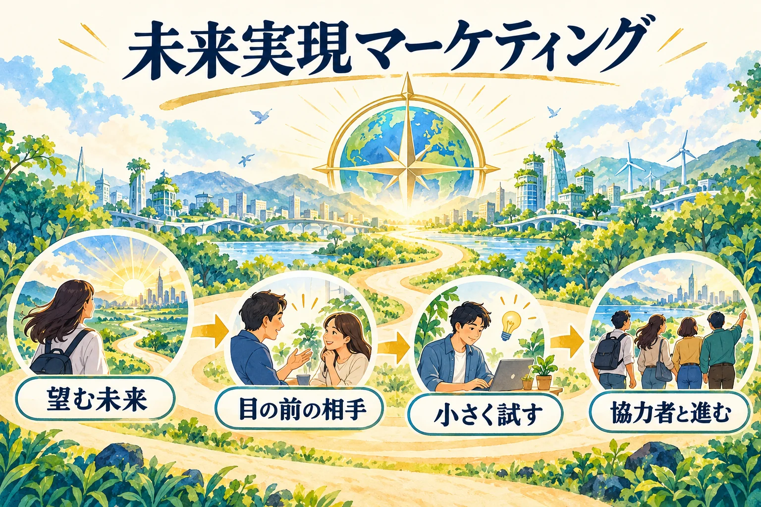 未来実現マーケティングの全体像。望む未来、目の前の相手、試す、協力者、次の実践が循環する