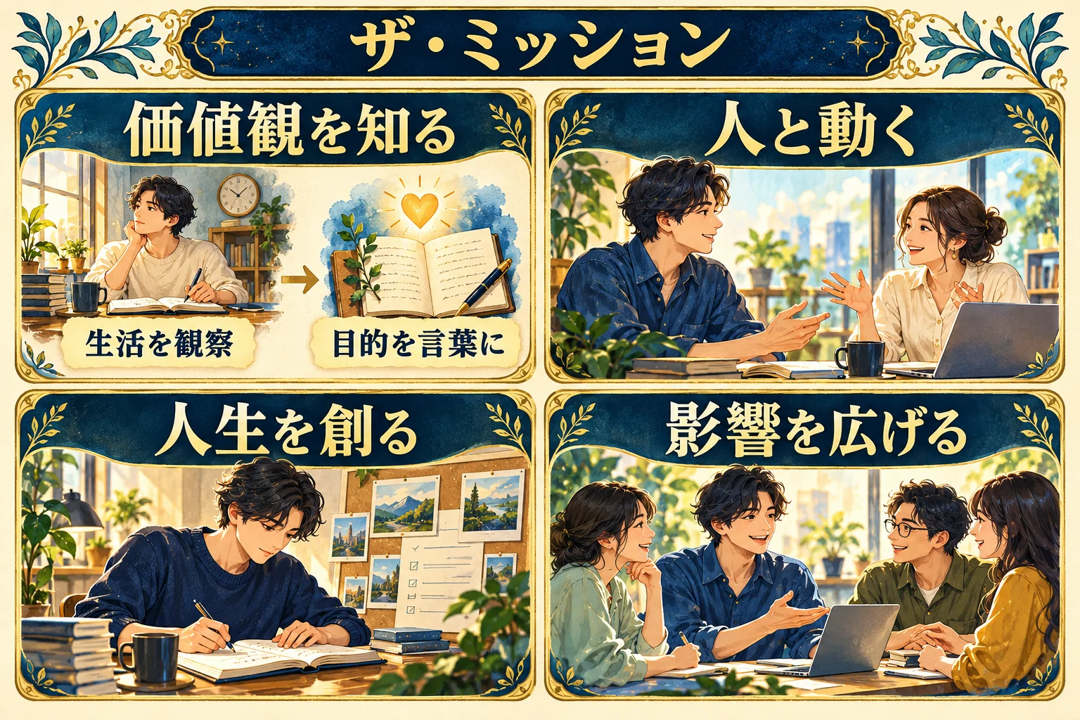 価値観からミッション、対話と行動、人生の創造、リーダーシップへ進む本書4部の見取り図