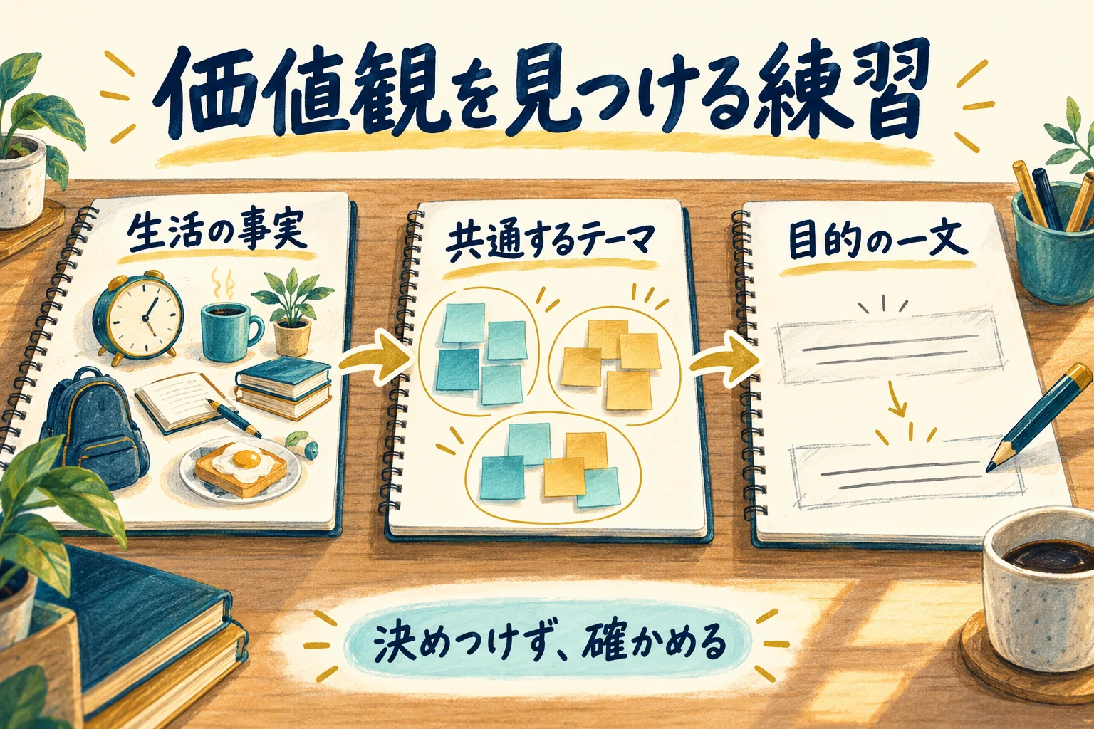 価値観を見つける実践。生活の事実を書き、共通テーマをまとめ、目的の一文を仮に書く